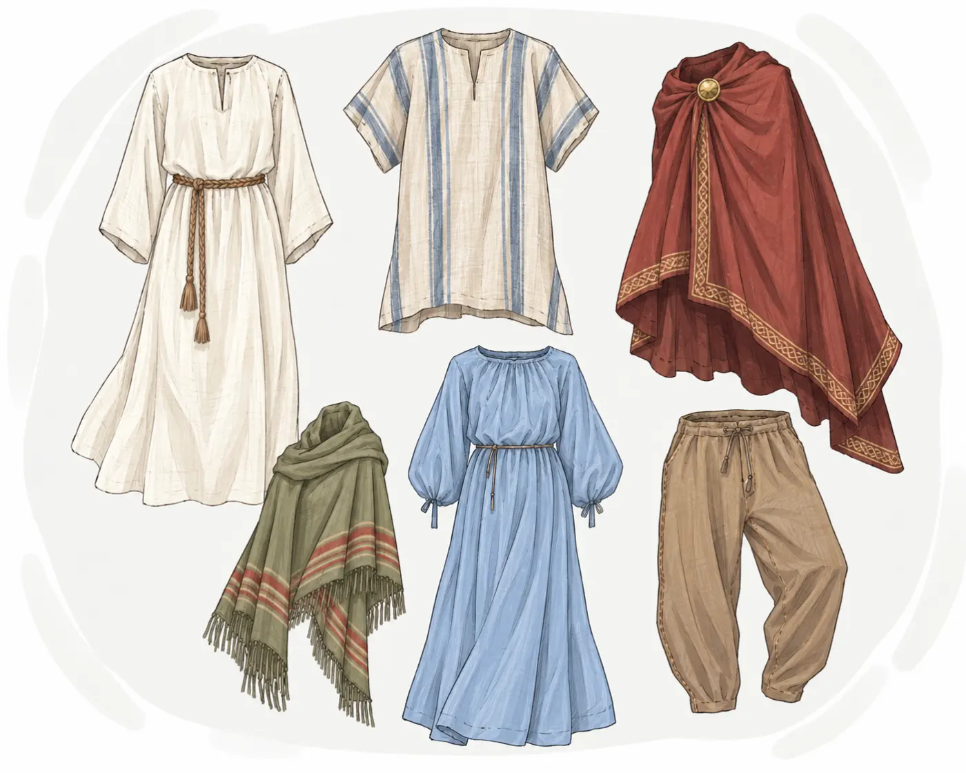 An assortment of ancient garments, including tunics, robes, cloaks, a scarf, and trousers.