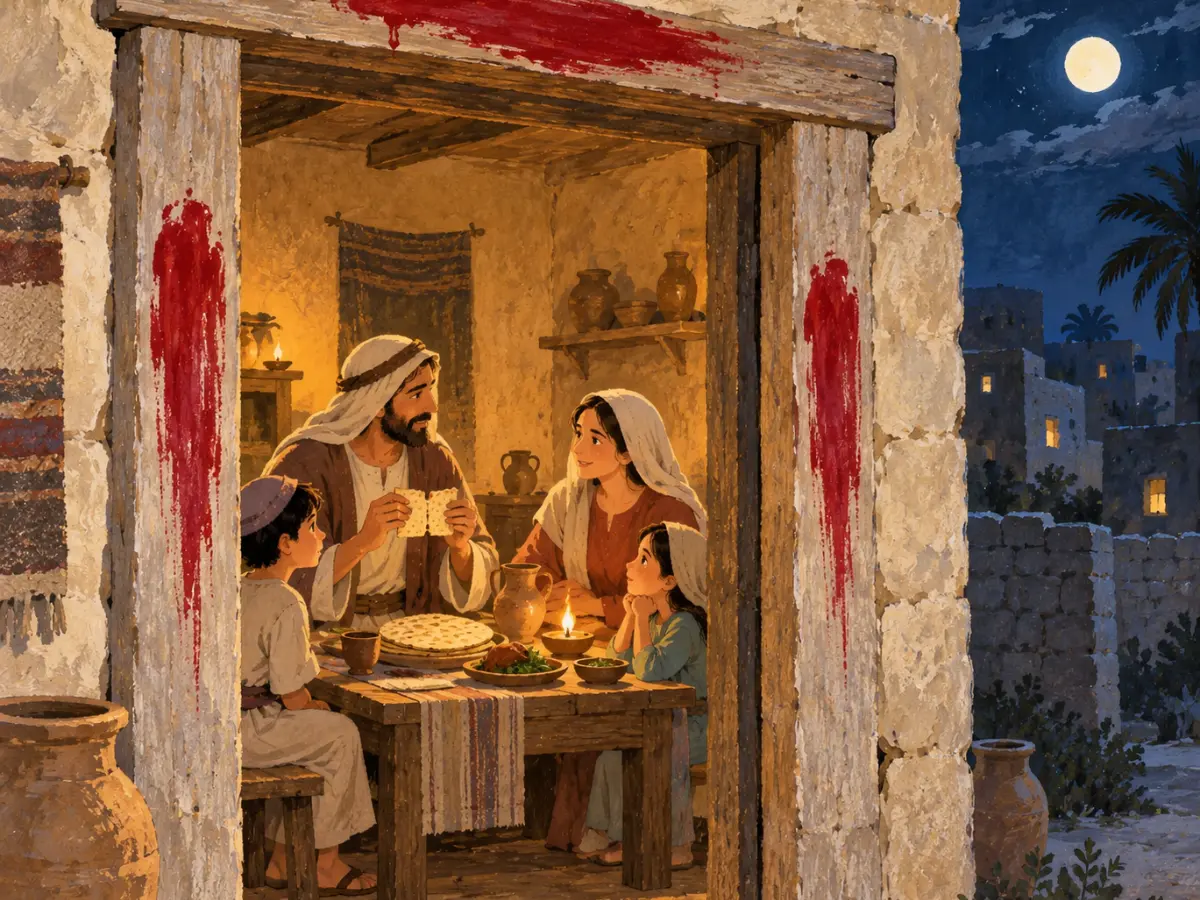 An Israelite family sits together at a table eating the Passover meal inside a home marked with blood around the doorframe.