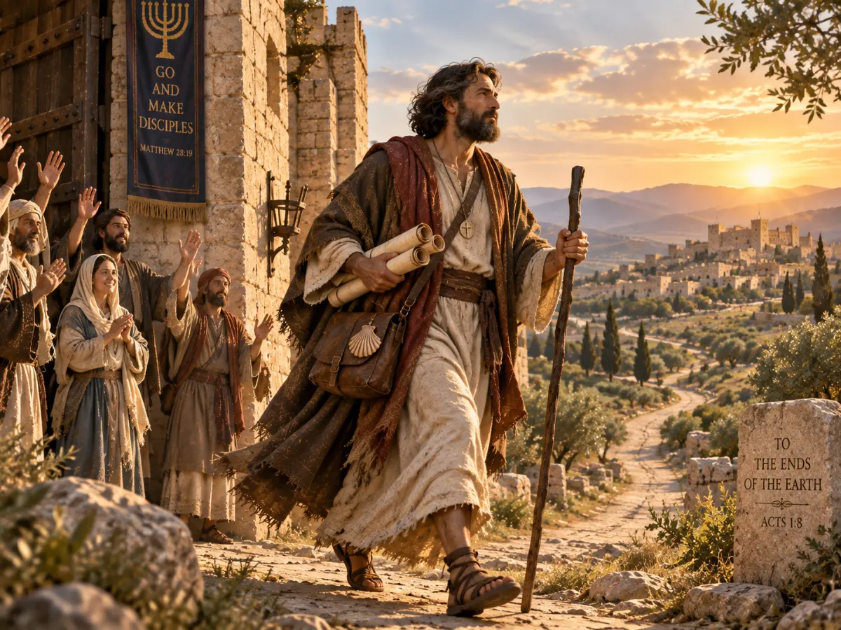 An apostle carrying scrolls and a staff walks away from a city gate as people wave goodbye.