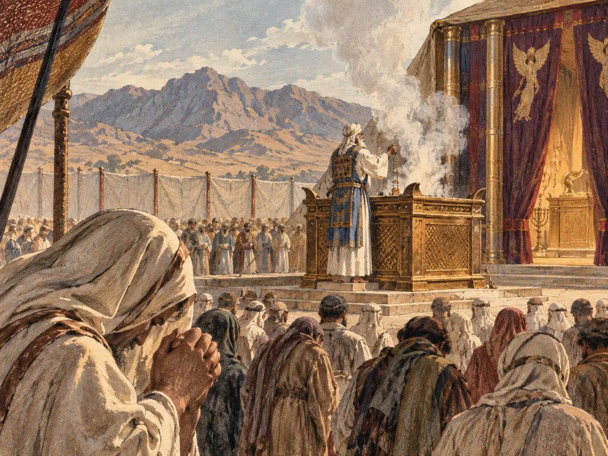 A high priest burns incense on an altar outside the Tabernacle while a large crowd of people bows in prayer.