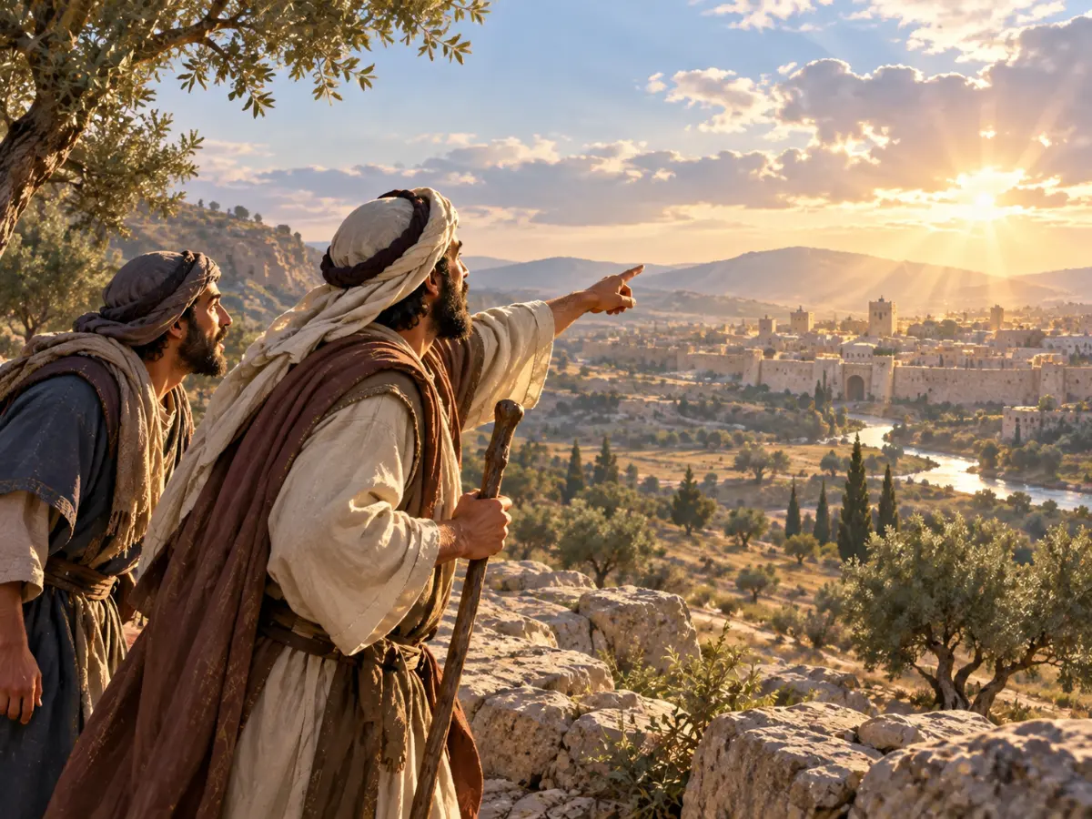 A man with a wooden staff points toward a walled city on a hill at sunrise while another man looks on.