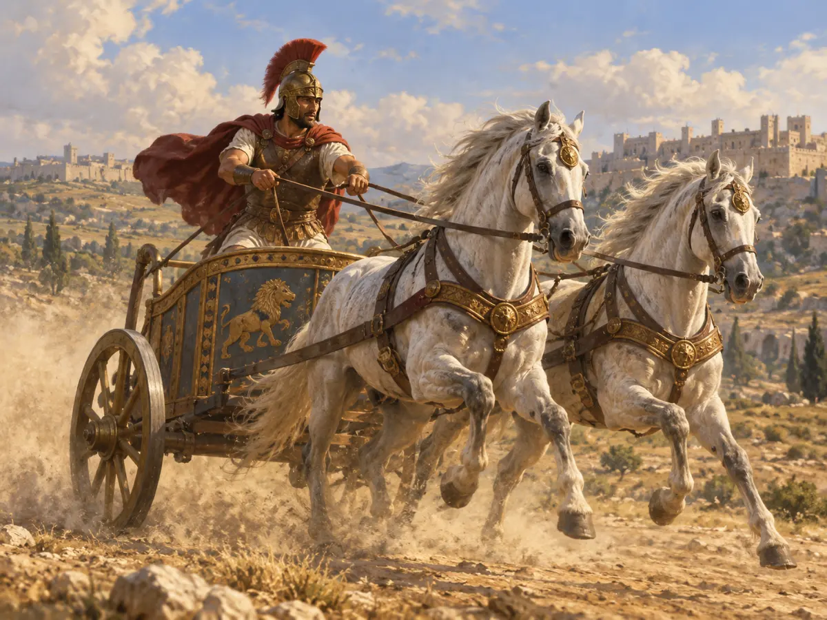 A Roman soldier wearing armor and a red helmet rides a chariot pulled by two white horses outside a walled city.