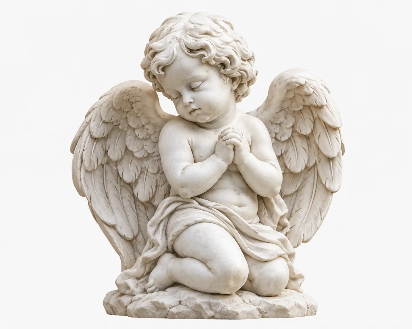 A sculpture of a winged child cherub kneeling with hands folded in prayer.