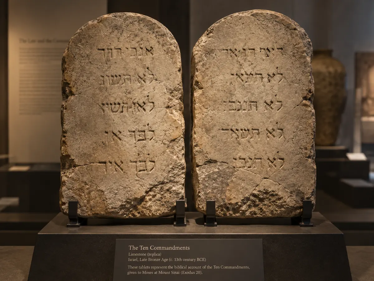 Two stone tablets with rounded tops stand side by side, engraved with ancient Hebrew text representing the Ten Commandments.