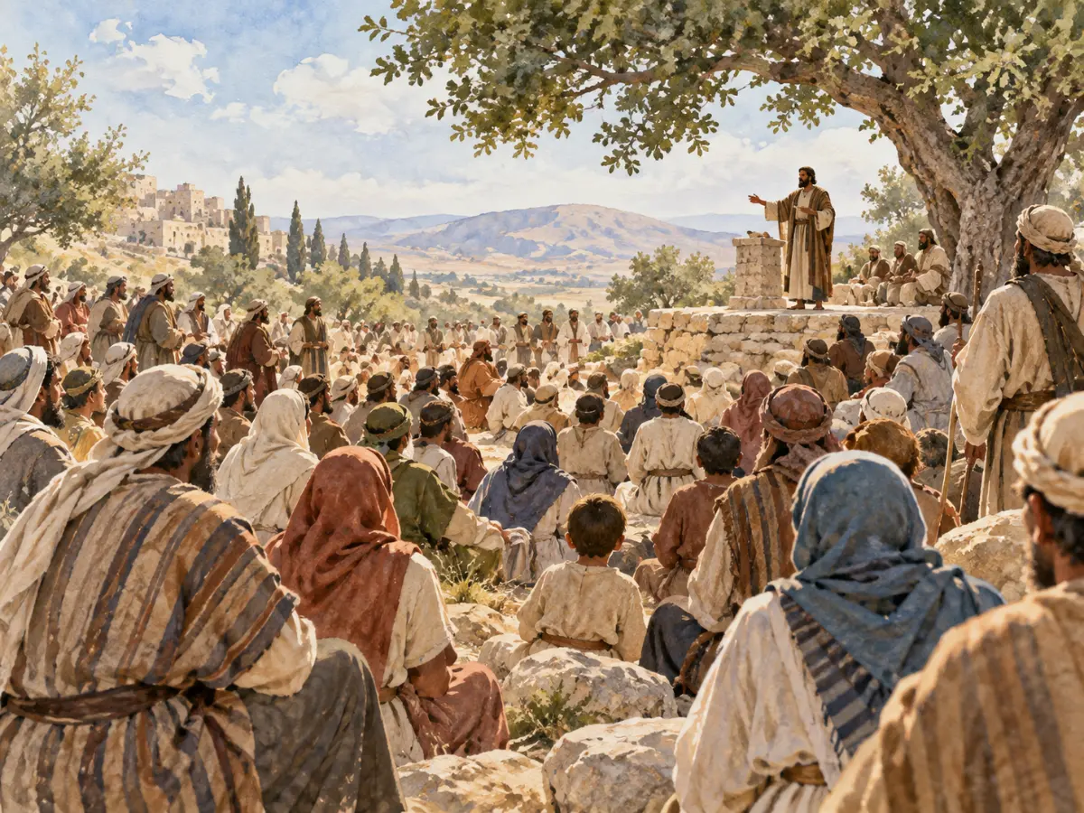 A large crowd sits outdoors on a hillside listening to a speaker standing near a tree.