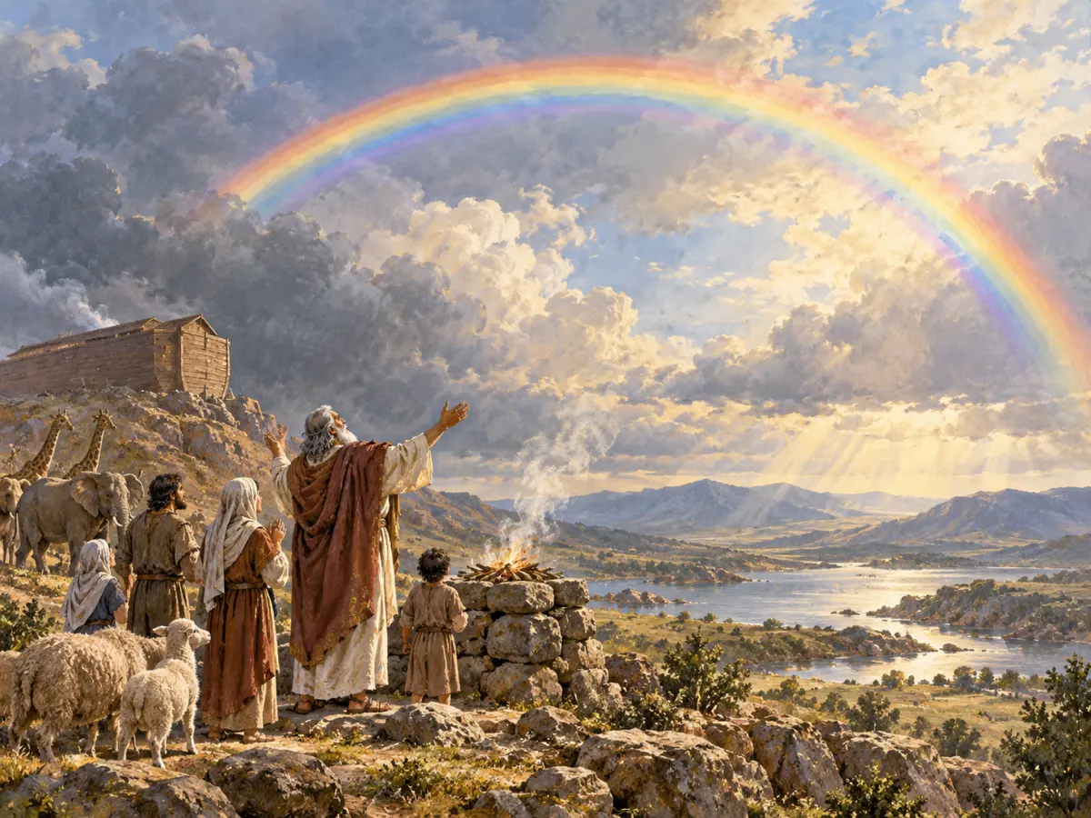 Noah and his family worship at a stone altar while a rainbow stretches across the sky near the ark.