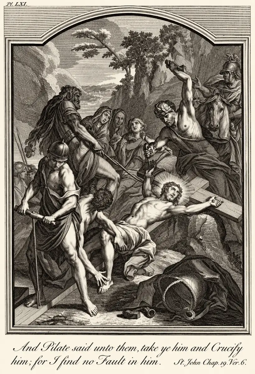 Roman soldiers nail Jesus to a wooden cross on a rocky hillside surrounded by onlookers.