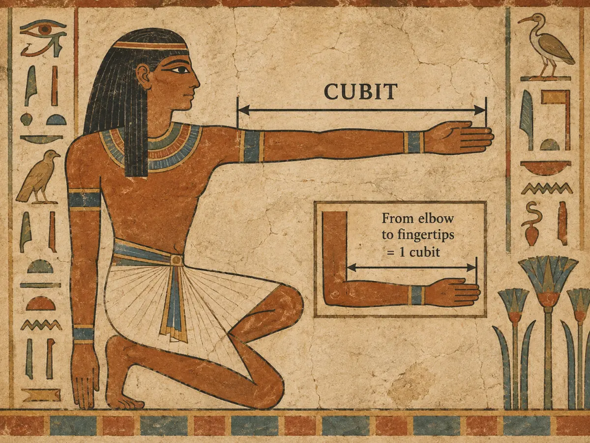An Egyptian figure kneels with his arm extended, demonstrating a cubit as the length from his elbow to his fingertips.