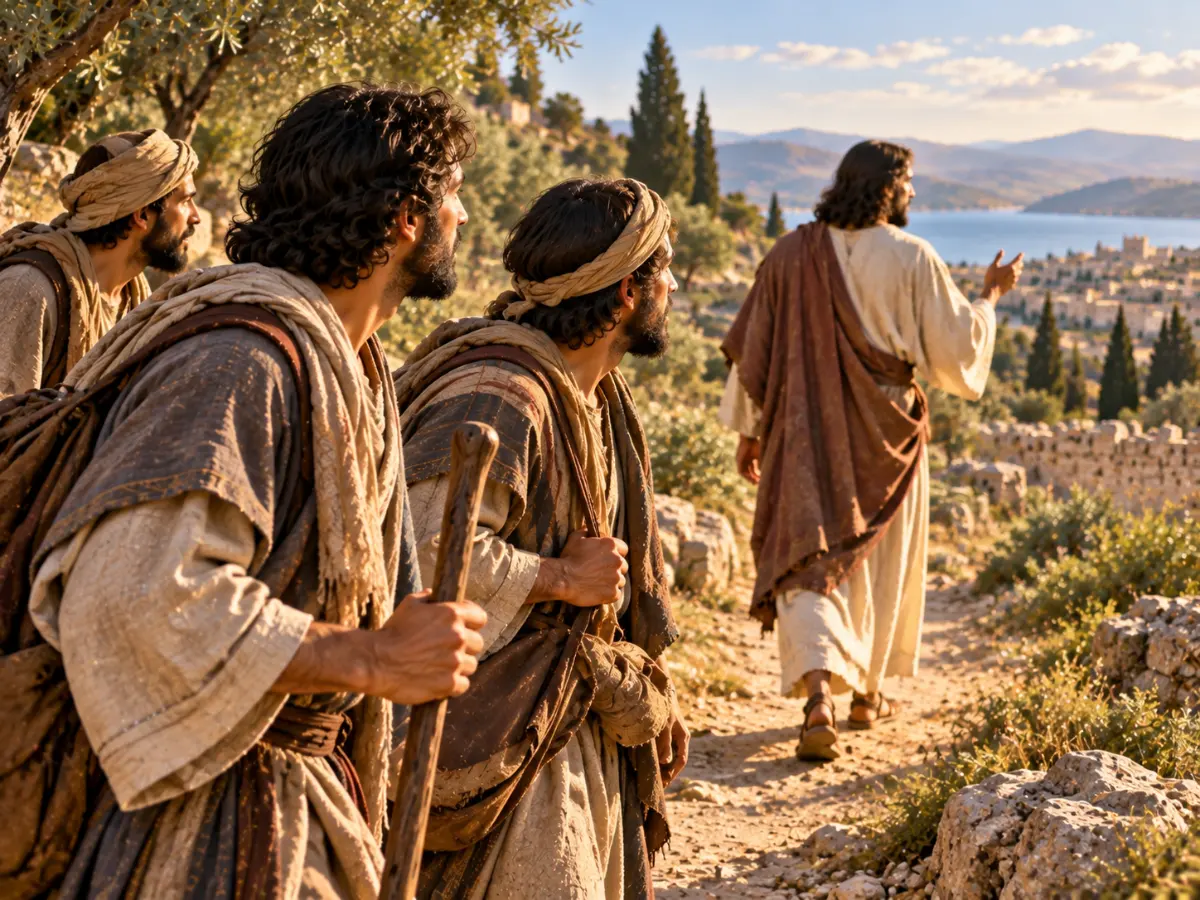 Three disciples follow Jesus along a dirt path as he points toward a distant town near a body of water.