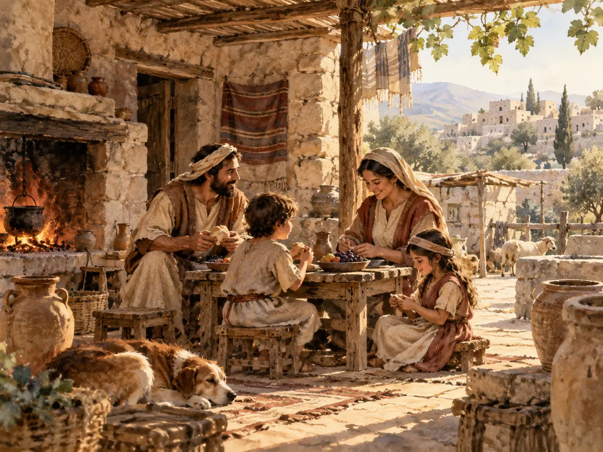 A family in ancient clothes sits at a wooden table together, eating a meal outside their stone house while a dog rests nearby.