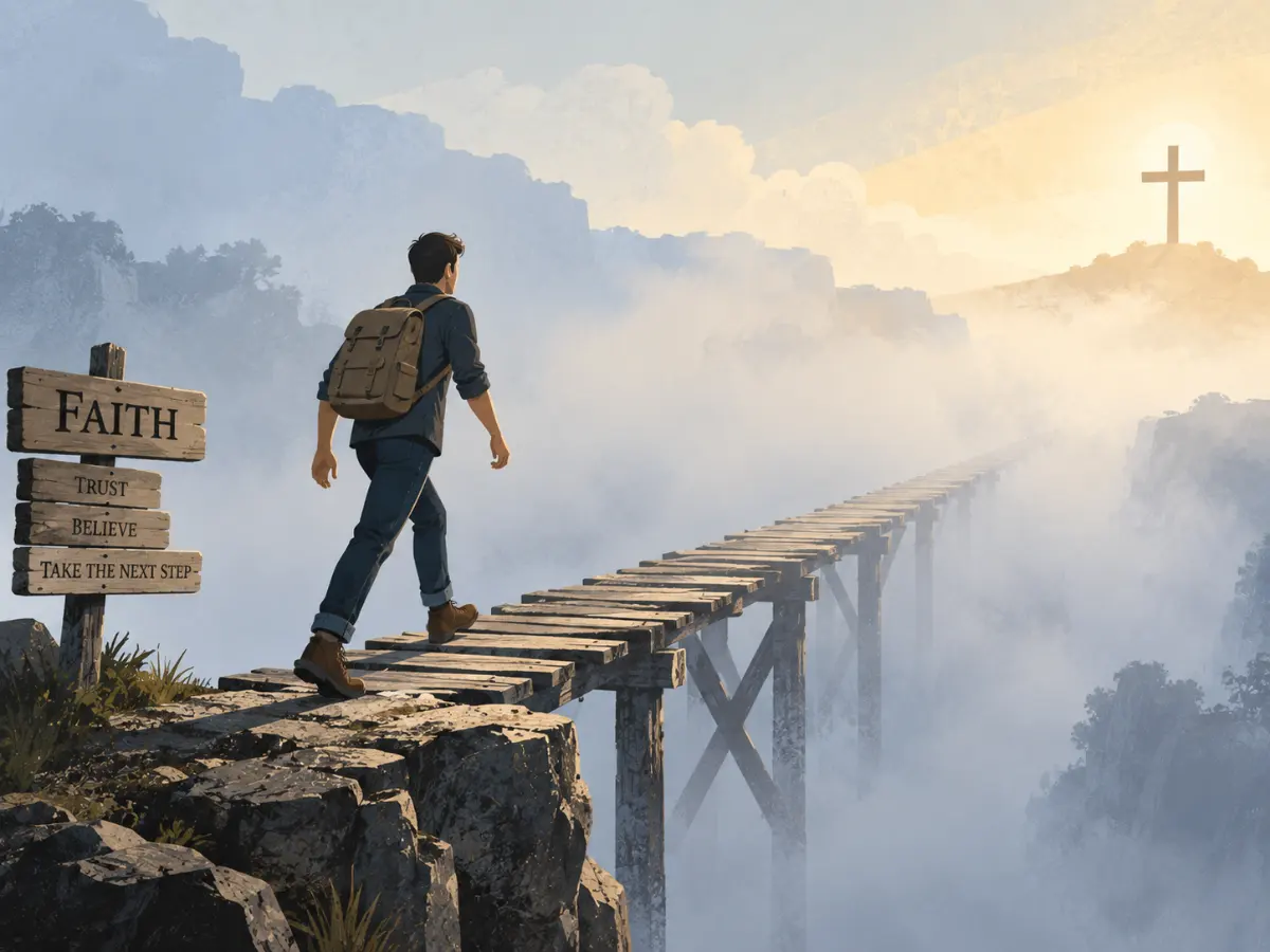 A man carrying a backpack walks across a wooden bridge above the clouds toward a cross glowing in the distance.