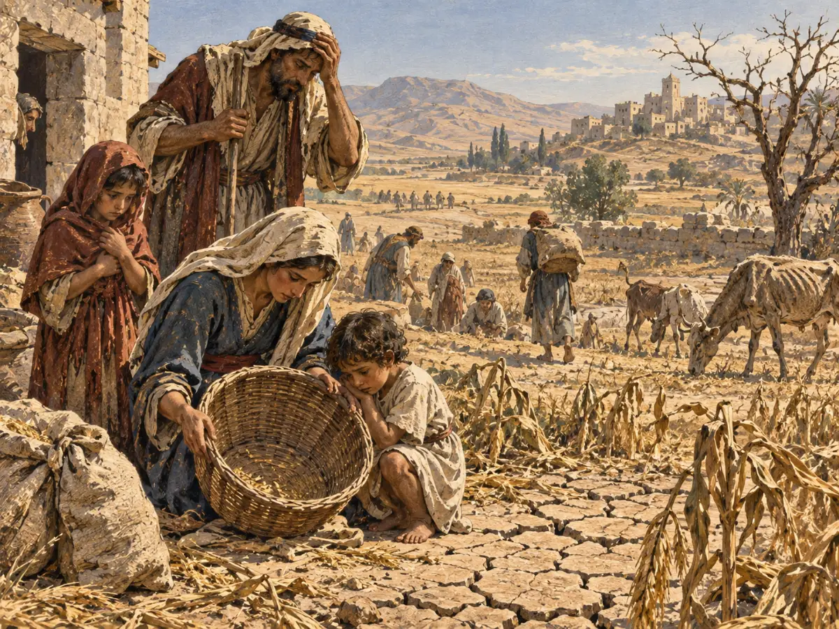 A distressed family gathers around an almost empty basket in a dry field with withered crops during a famine.