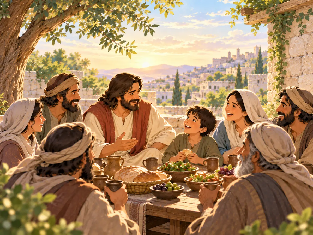 Jesus and a group of believers sit together outdoors around a table, smiling and sharing a meal in fellowship.