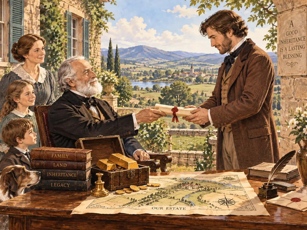 An elderly man presents an official sealed document to a younger man while a woman and two children look on.