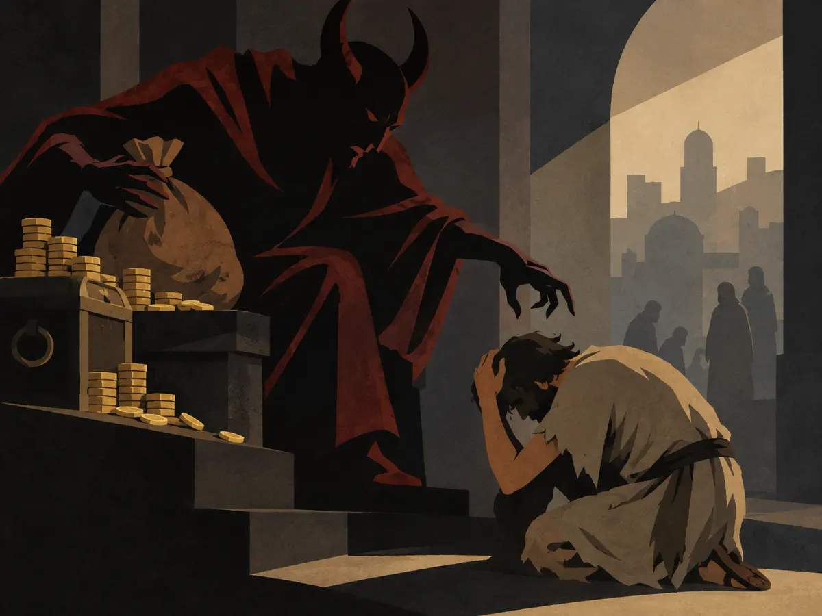 A horned figure holds a money bag over a man kneeling in distress.