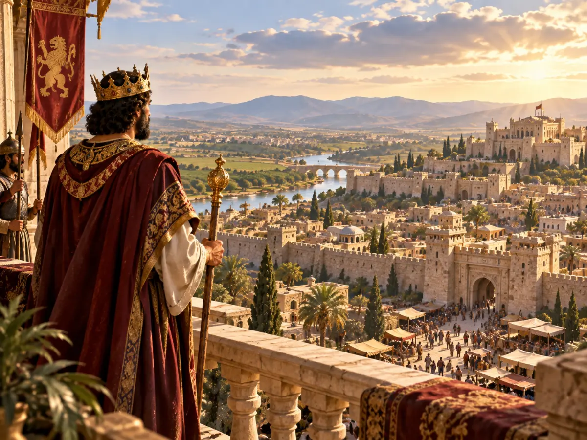 A king wearing a crown and holding a scepter stands on a balcony looking out over a vast walled city and kingdom.
