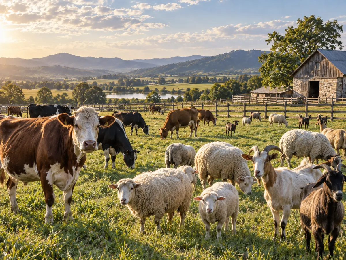 Cows, sheep, and goats graze together in a grassy farm pasture near a stone barn and rolling hills.