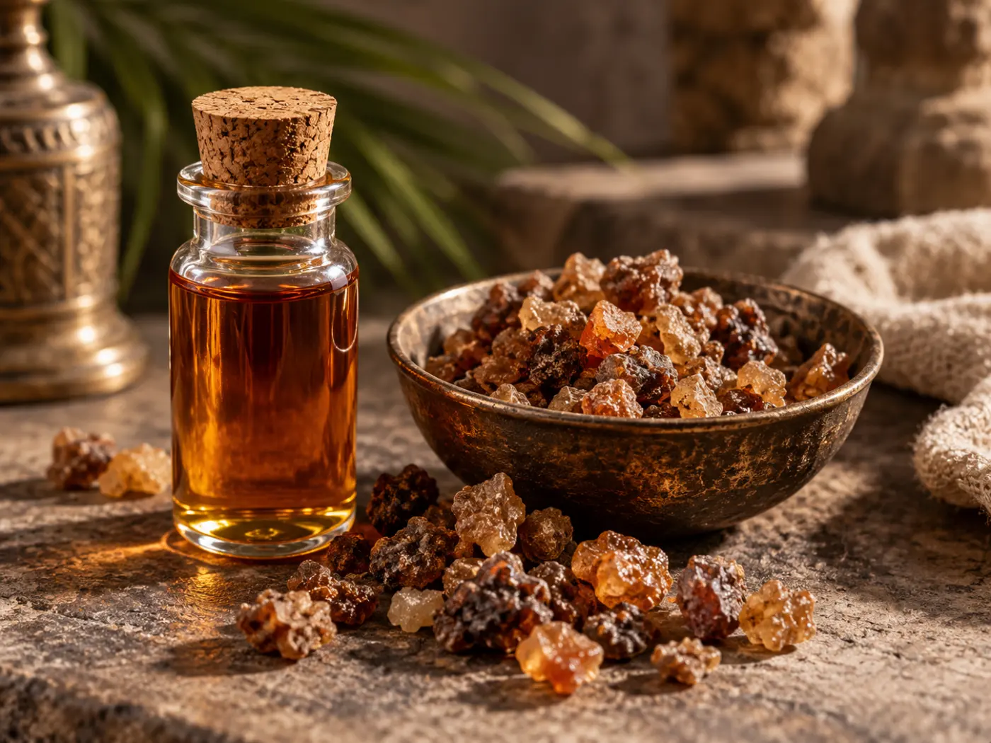 A small glass bottle of liquid myrrh oil stands beside a bowl filled with dried myrrh resin.