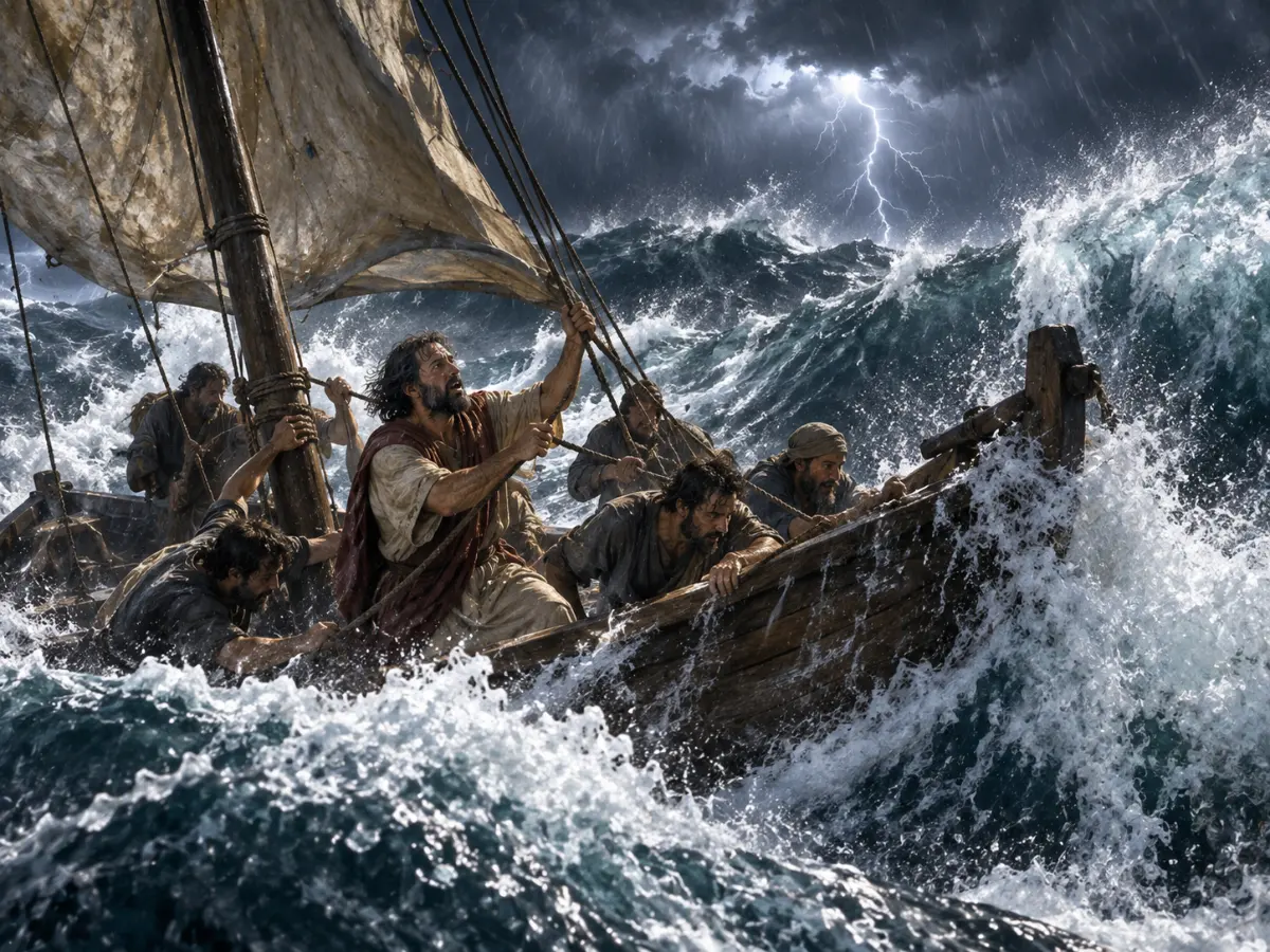 Men struggle to hold onto a wooden boat amidst a stormy sea with crashing waves and lightning.