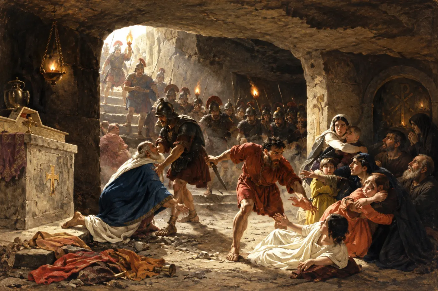 AI-generated illustration inspired by 19th-century paintings of early Christian persecution