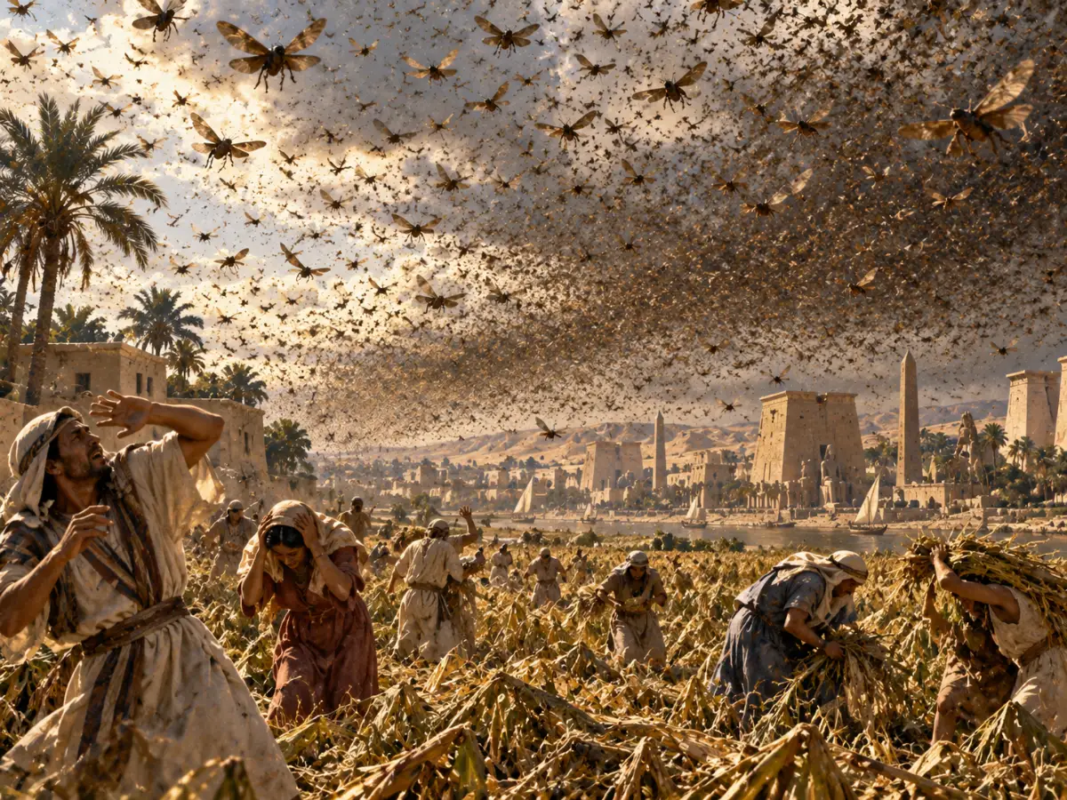 A massive swarm of locusts fills the sky above panicked Egyptians who shield their heads in a damaged crop field near an ancient Egyptian city.