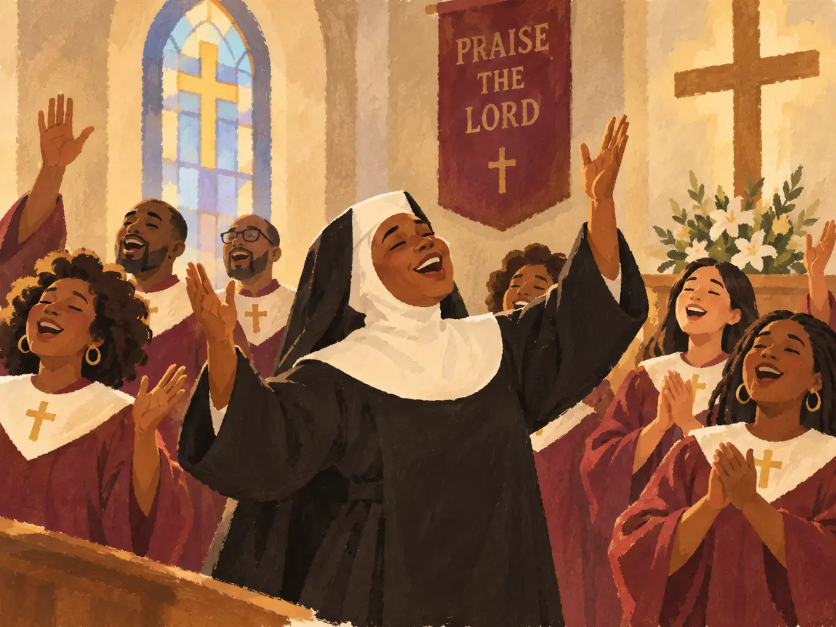 A group of people in a church raise their hands and sing together to praise the Lord.