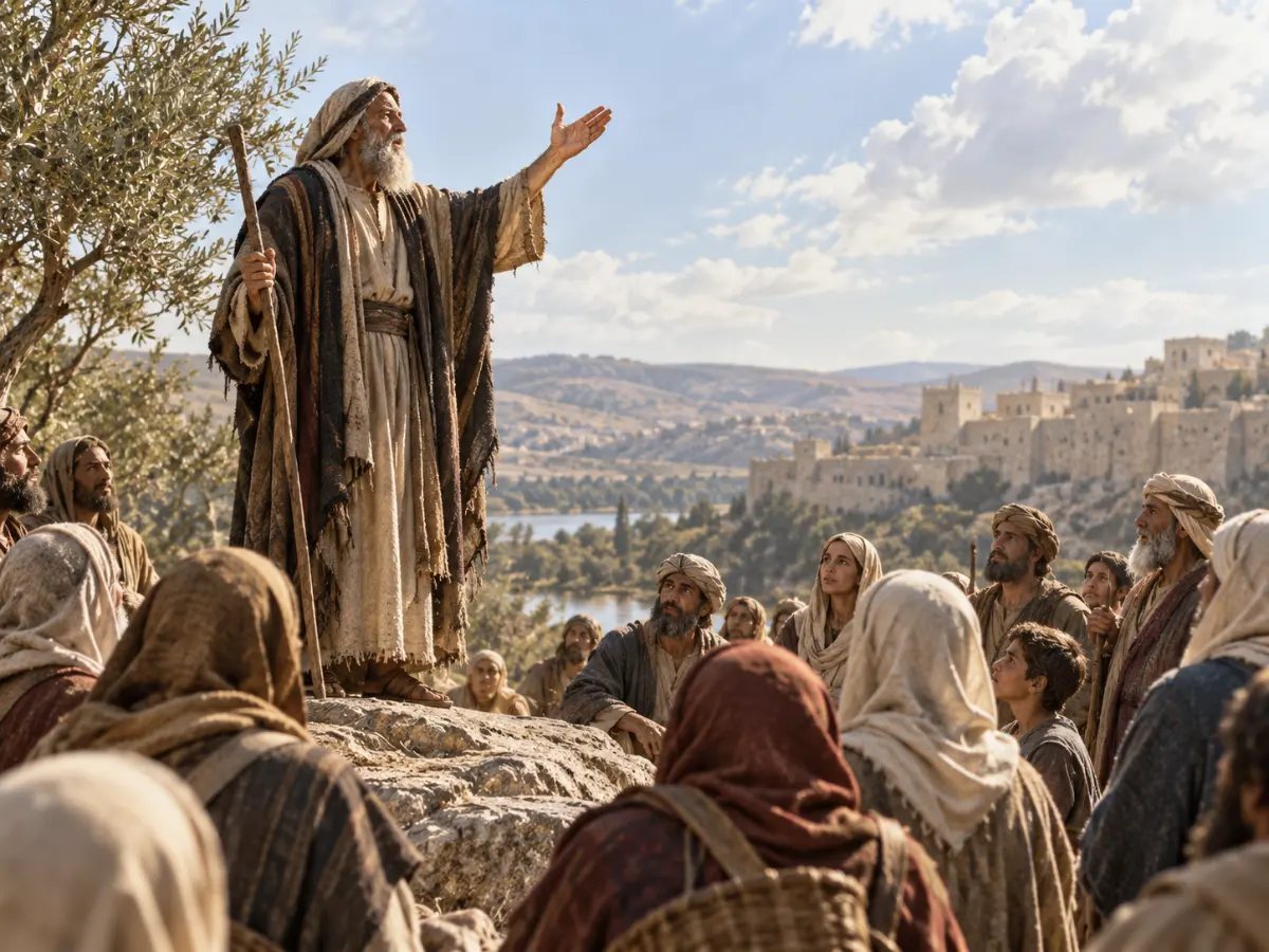 An bearded prophet holds a staff and raises one hand as he speaks to a listening crowd outdoors.