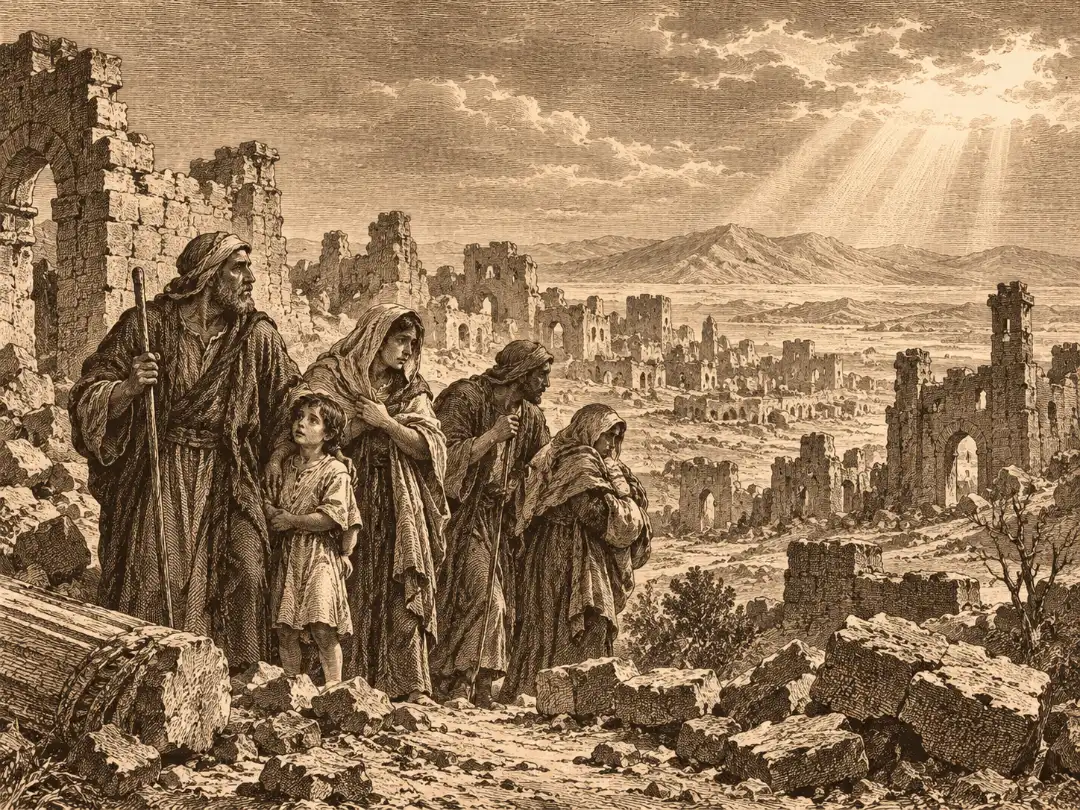 A small family travels on foot past the ruined stone buildings of a destroyed city.