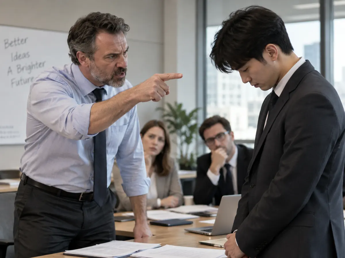 An angry man in a business meeting points his finger angrily at a younger man standing before him with a bowed head.