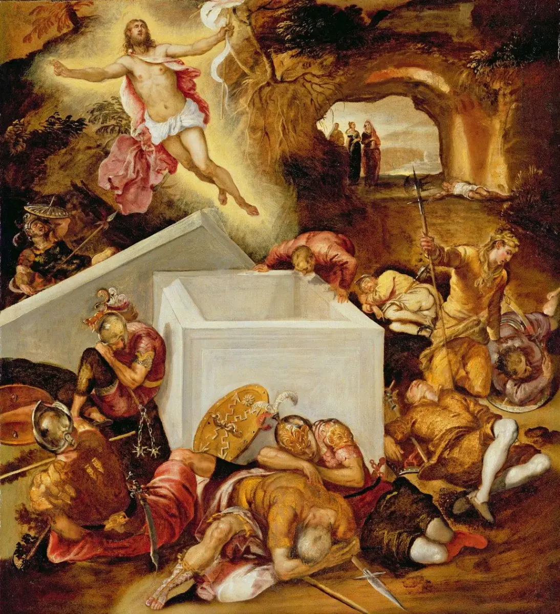 Jesus rises above an open stone tomb while Roman soldiers lie sleeping and startled around it.