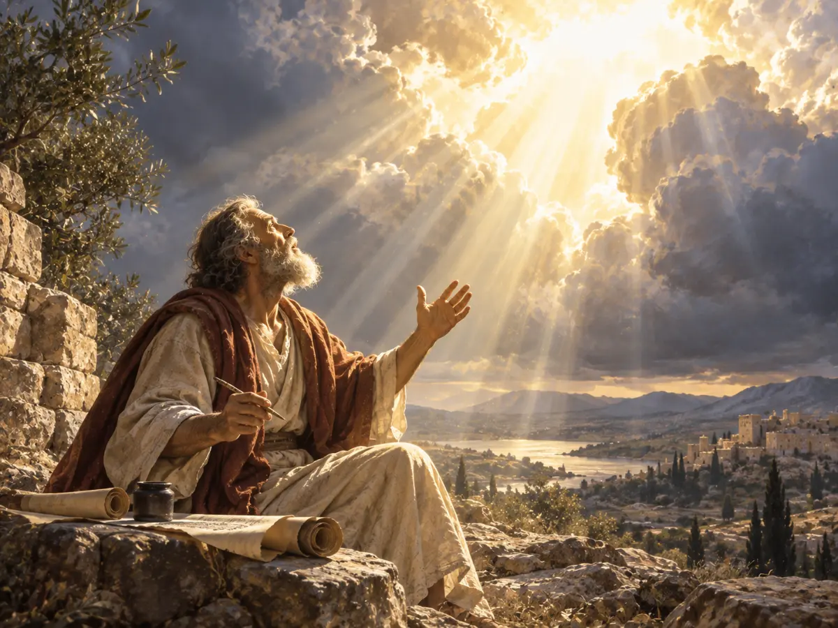An elderly man sitting outdoors with a scroll and pen looks up as bright heavenly light shines down on him through the clouds.