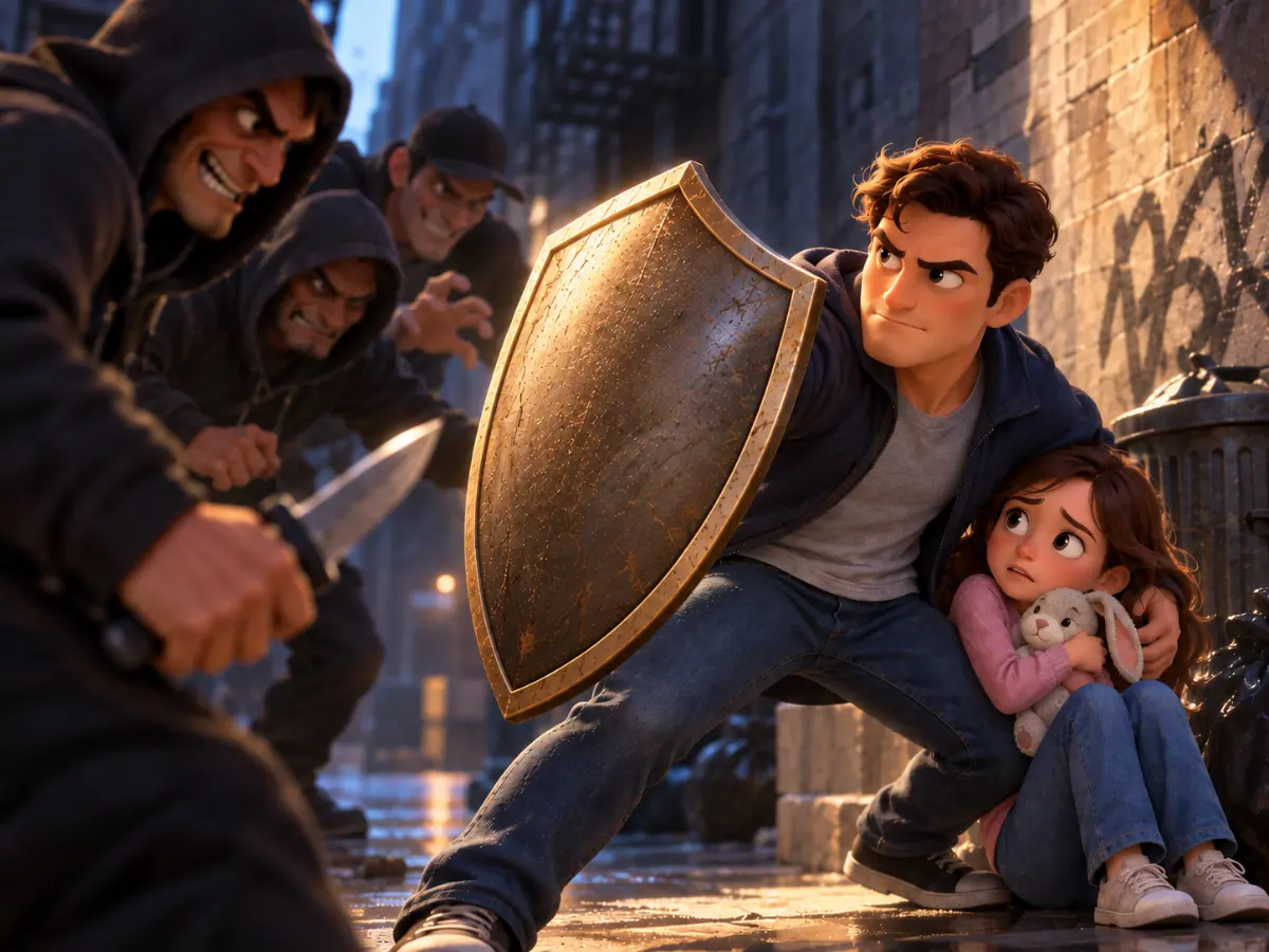 A young man holds a shield to protect a frightened girl holding a stuffed bunny from three menacing attackers in an alley.