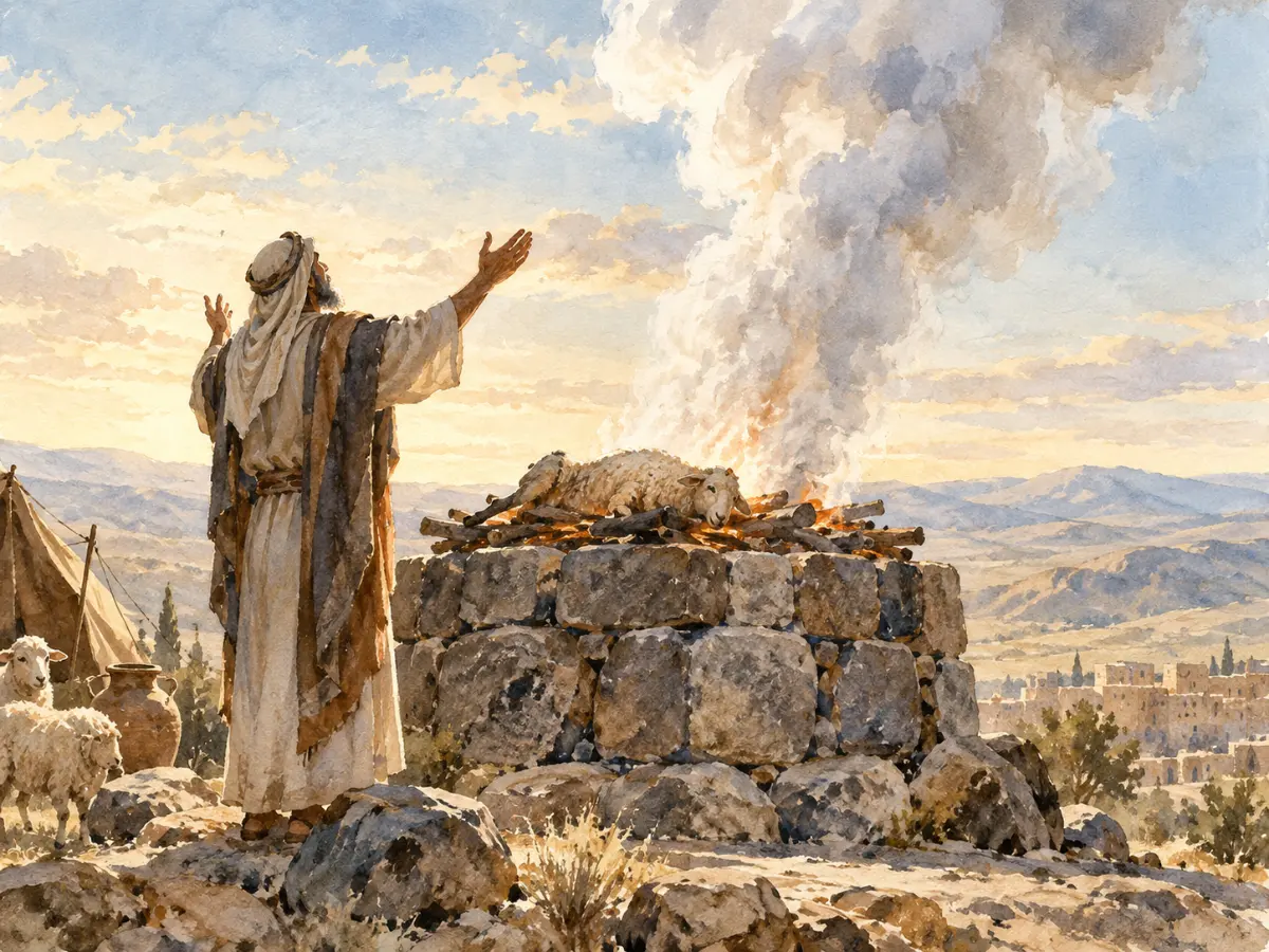 A man stands with raised hands beside a stone altar where smoke rises from a sacrifice.