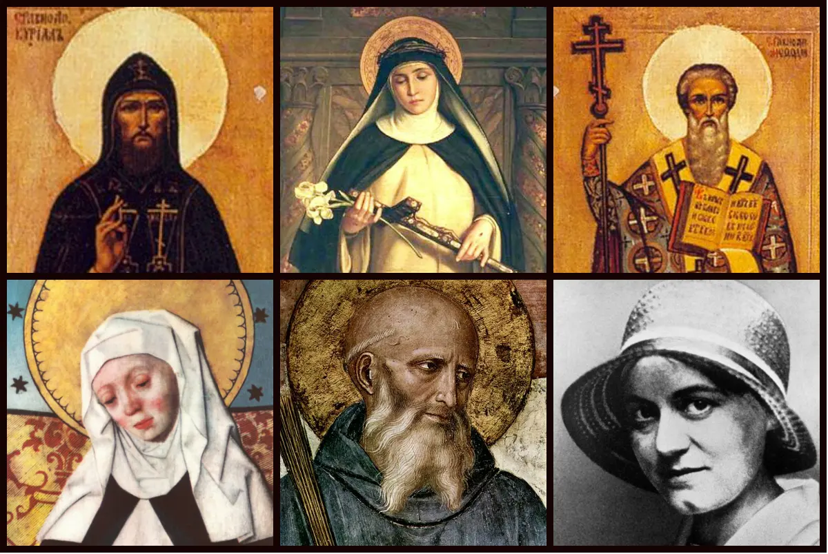 A grid of six portraits displays various Christian saints, many depicted with halos behind their heads.