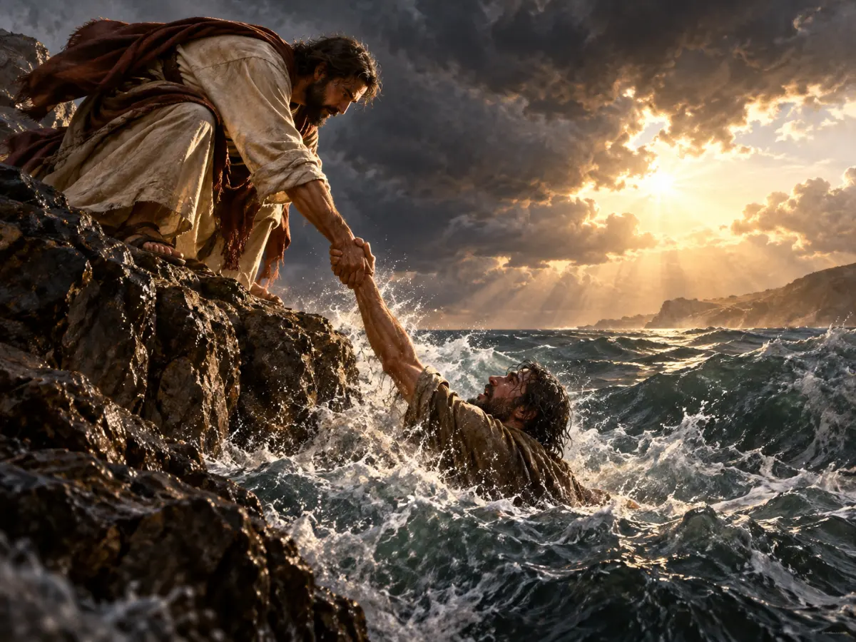 Jesus reaches down from a rocky shore to pull a struggling man out of rough sea waters.