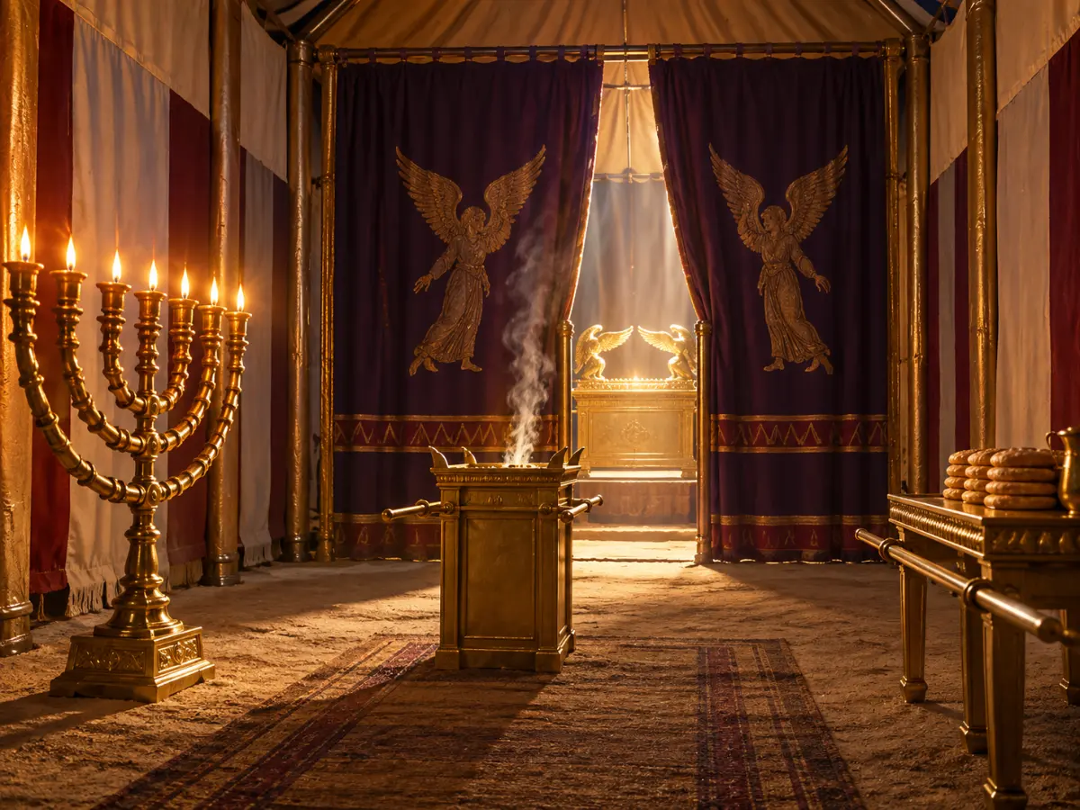 Incense smoke rises inside the sacred sanctuary tent, where a golden lampstand and table of showbread stand near purple curtains.