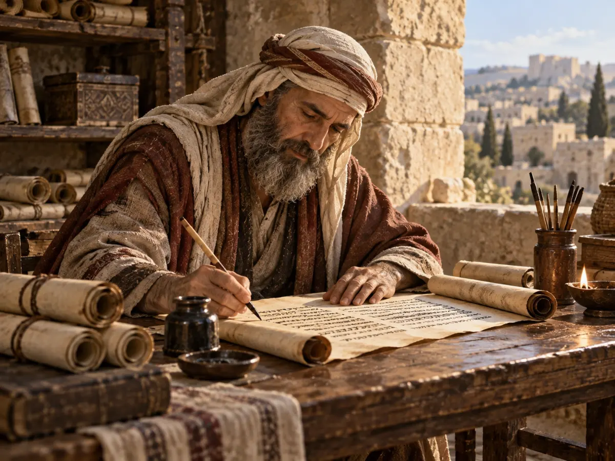 A bearded male scribe writes on a parchment scroll with a pen at a wooden desk surrounded by other scrolls.