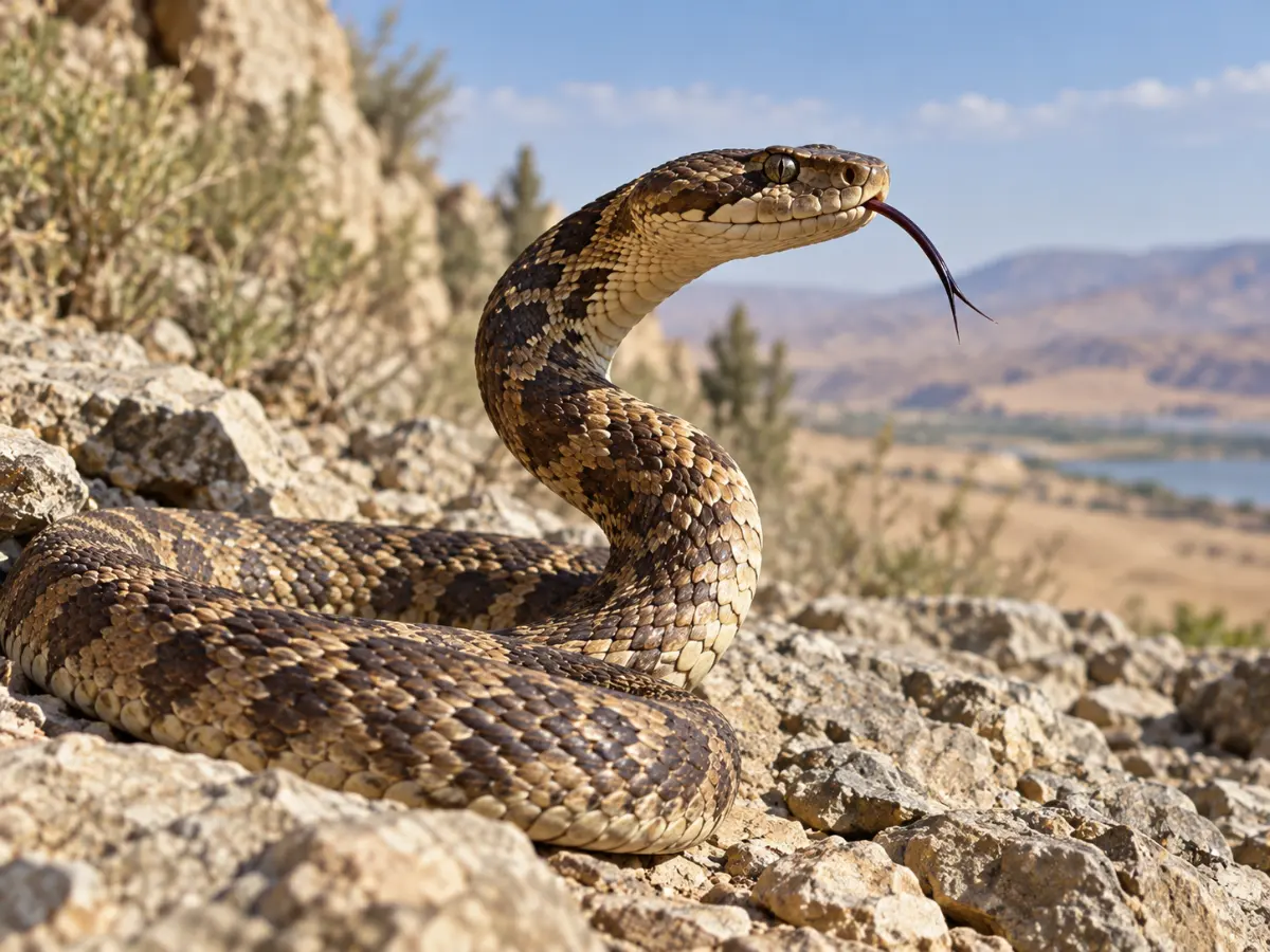 A patterned snake raises its upper body and flicks its dark, forked tongue while resting on rocks in a sunny landscape.