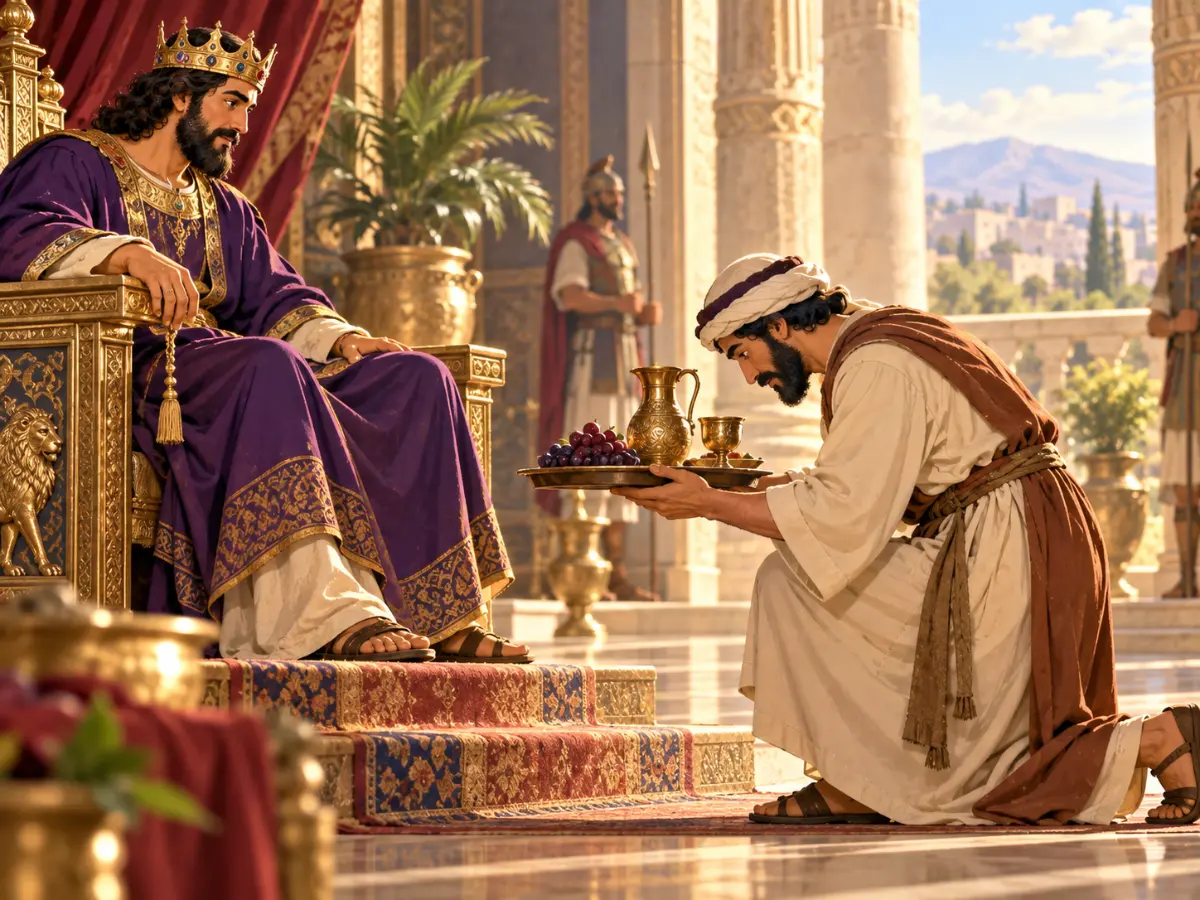 A servant kneels before a crowned king on a throne, presenting a tray with a pitcher, cup, and fruit.