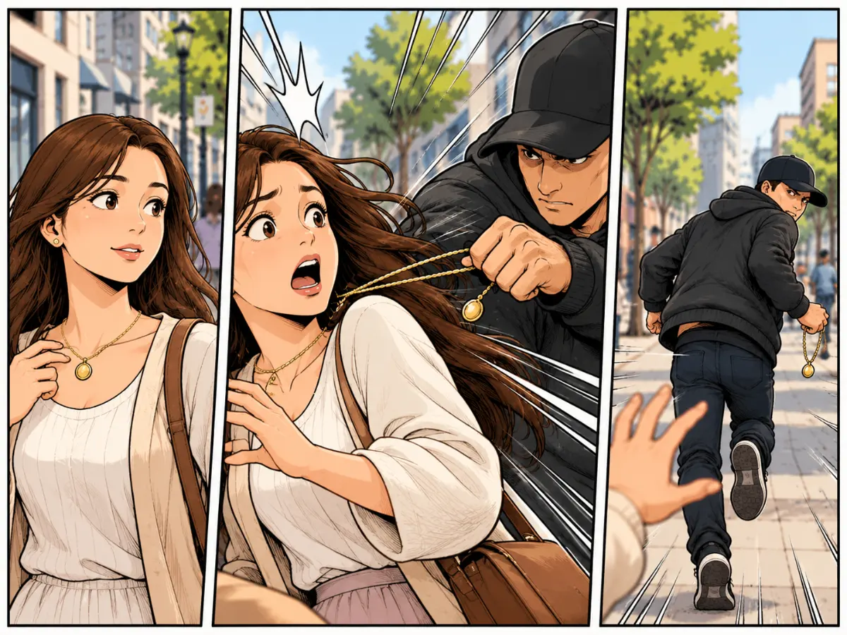 A man snatches a gold necklace off a woman's neck and runs away down a city sidewalk.
