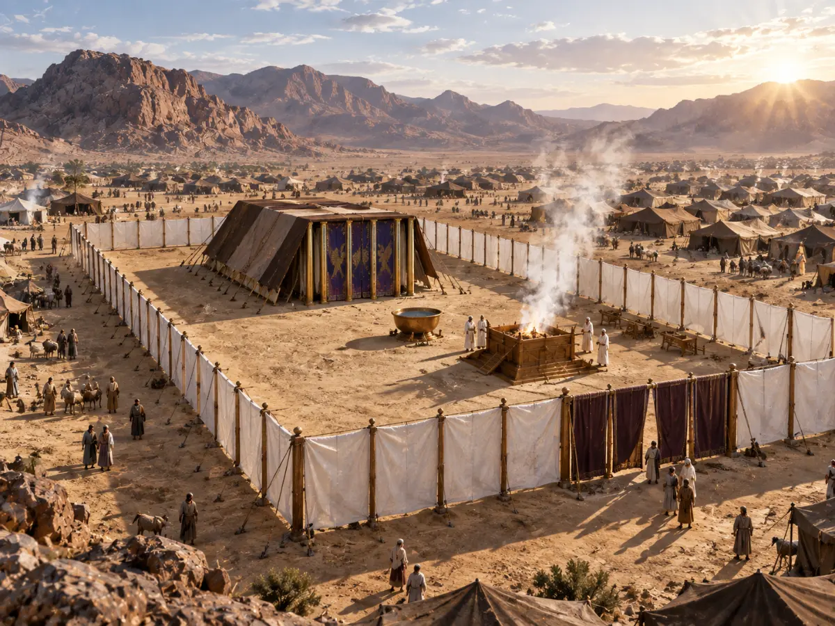 The tabernacle and its courtyard stand in the center of an ancient Israelite encampment surrounded by desert mountains.