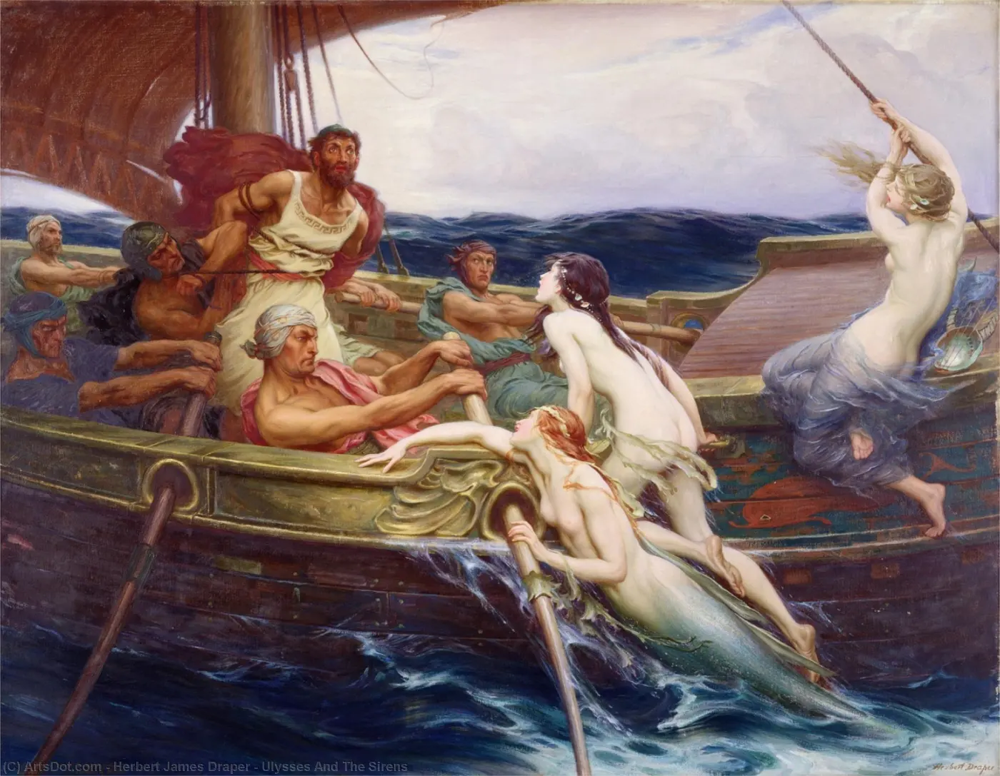 A bearded man tied to a ship's mast struggles as sirens climb aboard from the ocean to tempt him and the rowers.