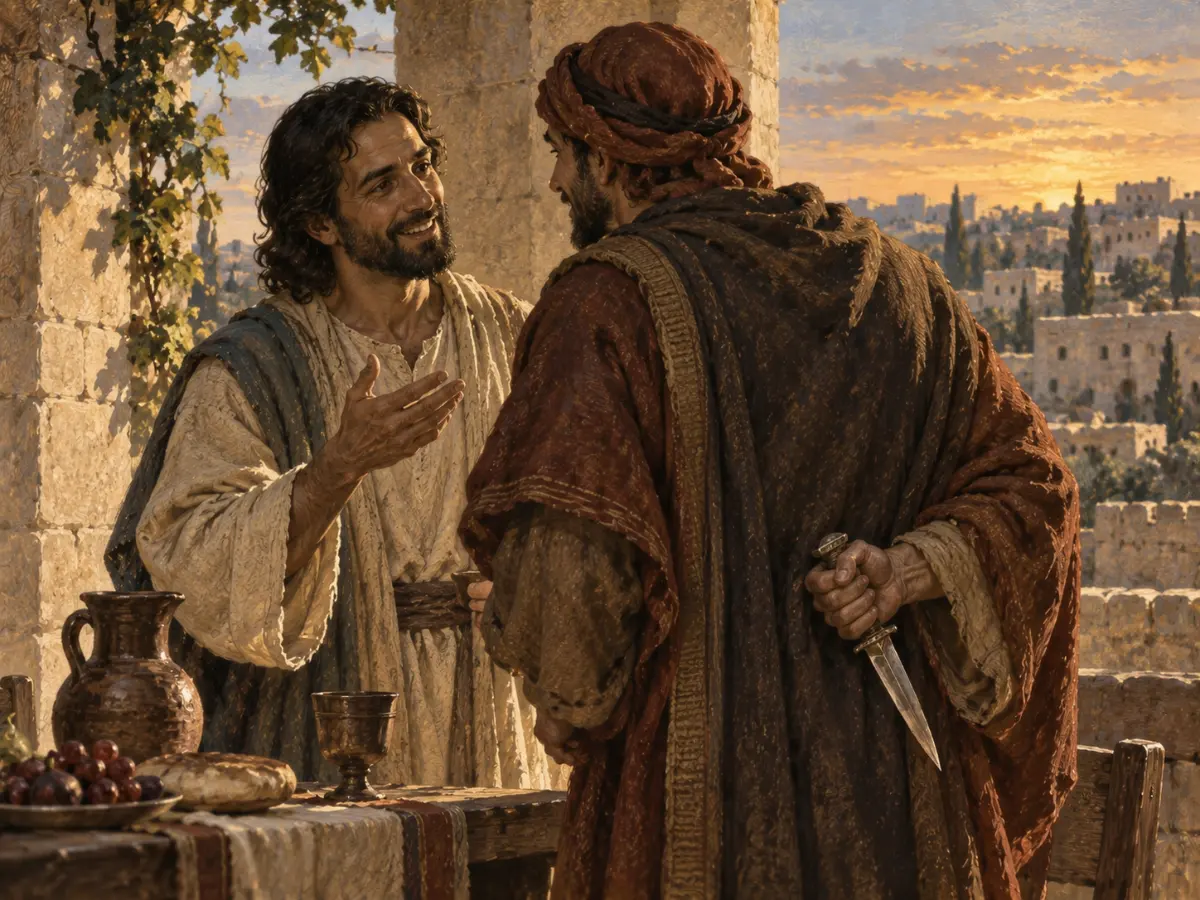 A man in robes smiles and speaks to a friend while secretly holding a dagger behind his back.