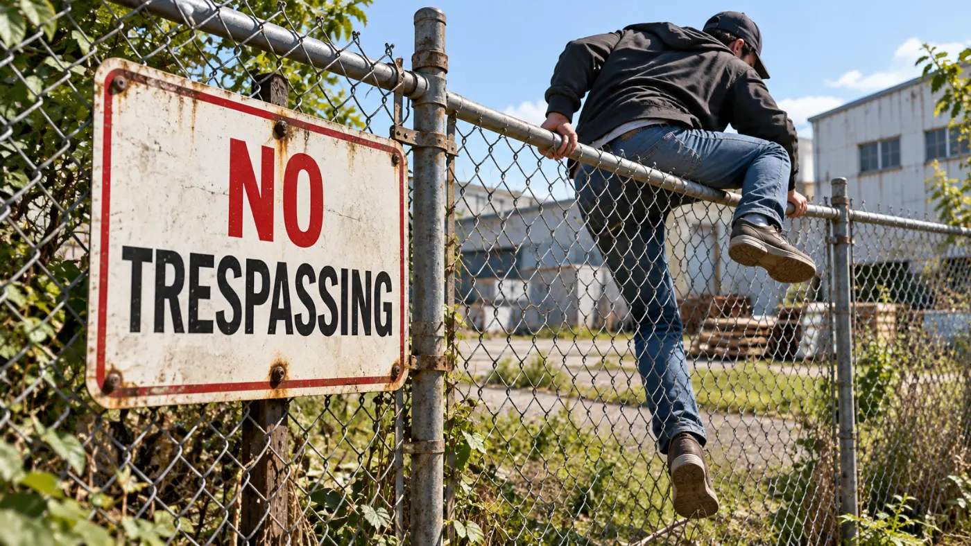 A man climbs over a metal chain-link fence next to a sign that reads NO TRESPASSING.