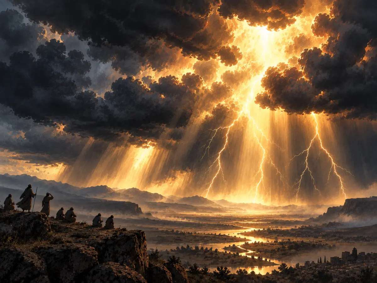 A group of people stands on a rocky hill, watching lightning flash and light burst through dark storm clouds over a distant landscape.